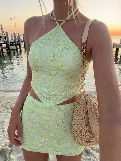 Aloruh Sequin Sexy Halter Backless Crop Top + Low Waist Mini Skirt, For Party & Music Festival