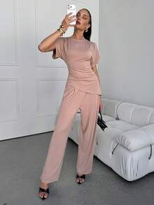 Lavishia Conjunto cómodo y elegante de 2 piezas para uso diario: Top con pliegues de manga corta y pantalones de pierna ancha - Caqui - Ver 4
