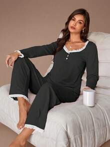 Lazeform Women's Pink Lace Trim Square Neck Knit Long Sleeve Pajama Set - Dark Grey - View 5