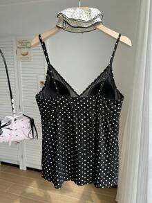 SHEIN EZwear 大码女式波点印花性感撞色蕾丝吊带背心可爱低胸吊带衫波点上衣吊带衫，外出上衣波点吊带衫可爱黑色上衣 - 黑與白 - 查看 2