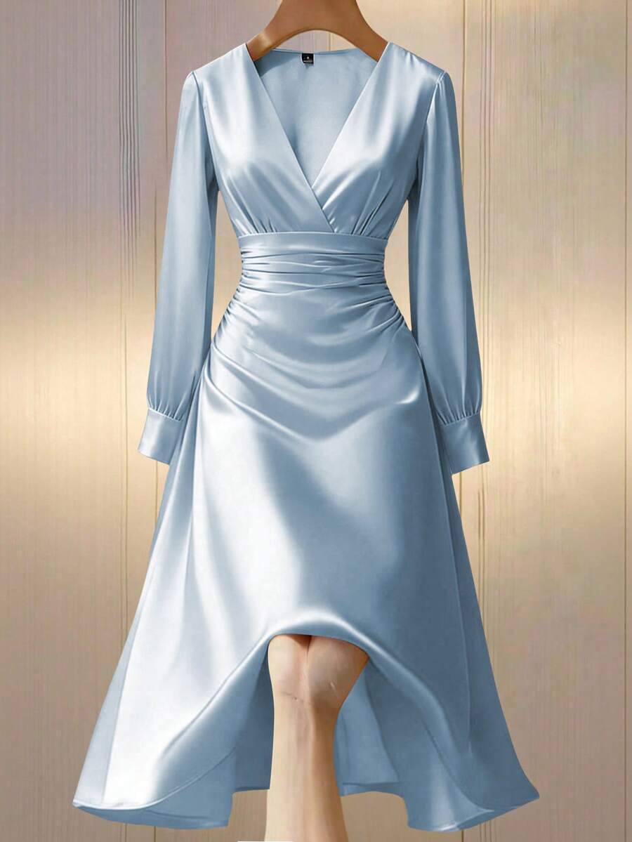Franclia 女士优雅缎面V领派对礼服,光泽面料女士长袖连衣裙,优雅缎面连衣裙,前短后长中长连衣裙,女士正式礼服,高贵女士连衣裙 - 淺藍色 - 查看 1