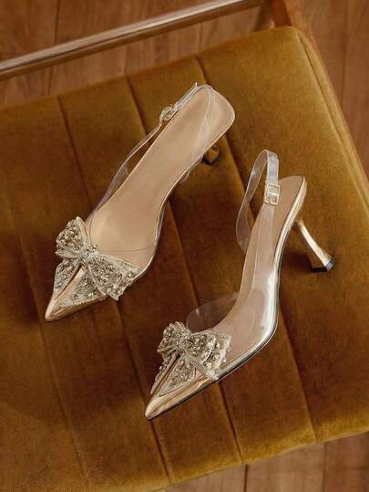 2026 Women Pointed Toe PVC Transparent High Heels Pump With Rhinestone Bow Detail Decoration And Strap For Prom, Wedding, Party, Spring And Summer Champagne Color Shoes Valentines, Kitten Heels, Elegant