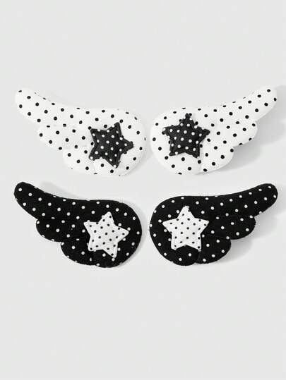 Anime 4 zweidimensionale Traum süße Cartoon klassische lässige vielseitige College-Stil schwarz/weiß gepunkteter Stoff Stern Flügel Dekoration DIY Haarspange Entenschnabel Clip Seite zerknitterte Haarspange, Kombinations-Set, geeignet für Mädchen und Damen für den täglichen Gebrauch, Urlaubsgeschenk