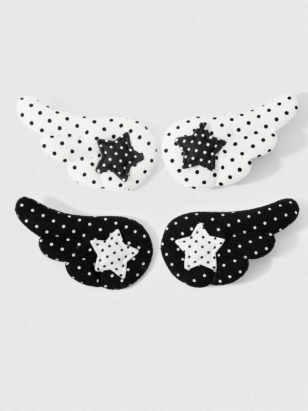 ROMWE Anime 4款二维梦幻可爱卡通经典休闲百搭学院风黑白波点布艺星翼装饰DIY发夹鸭嘴夹侧边压扁发夹，组合套装，适合女孩女士日常佩戴，节日礼物