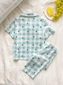 2pcs Baby Boys' Elegant Green & White Plaid And Star Print Cardigan Collar Short Sleeve Pants Comfortable Pajamas Set - Green - View 2