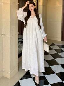 DAZY Women's V-Neck Casual Minimalist Mid-Length Party Dress - Apricot - View 5