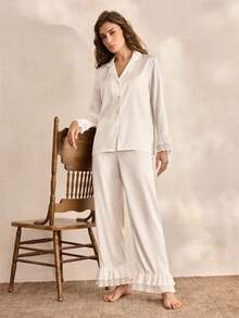Charlaine Áo cánh satin cổ khoét và quần viền nhún Bộ đồ ngủ/Bộ đồ ngủ Bộ đồ trắng, Trang phục thu đông ấm áp và thanh lịch - trắng - Xem 6
