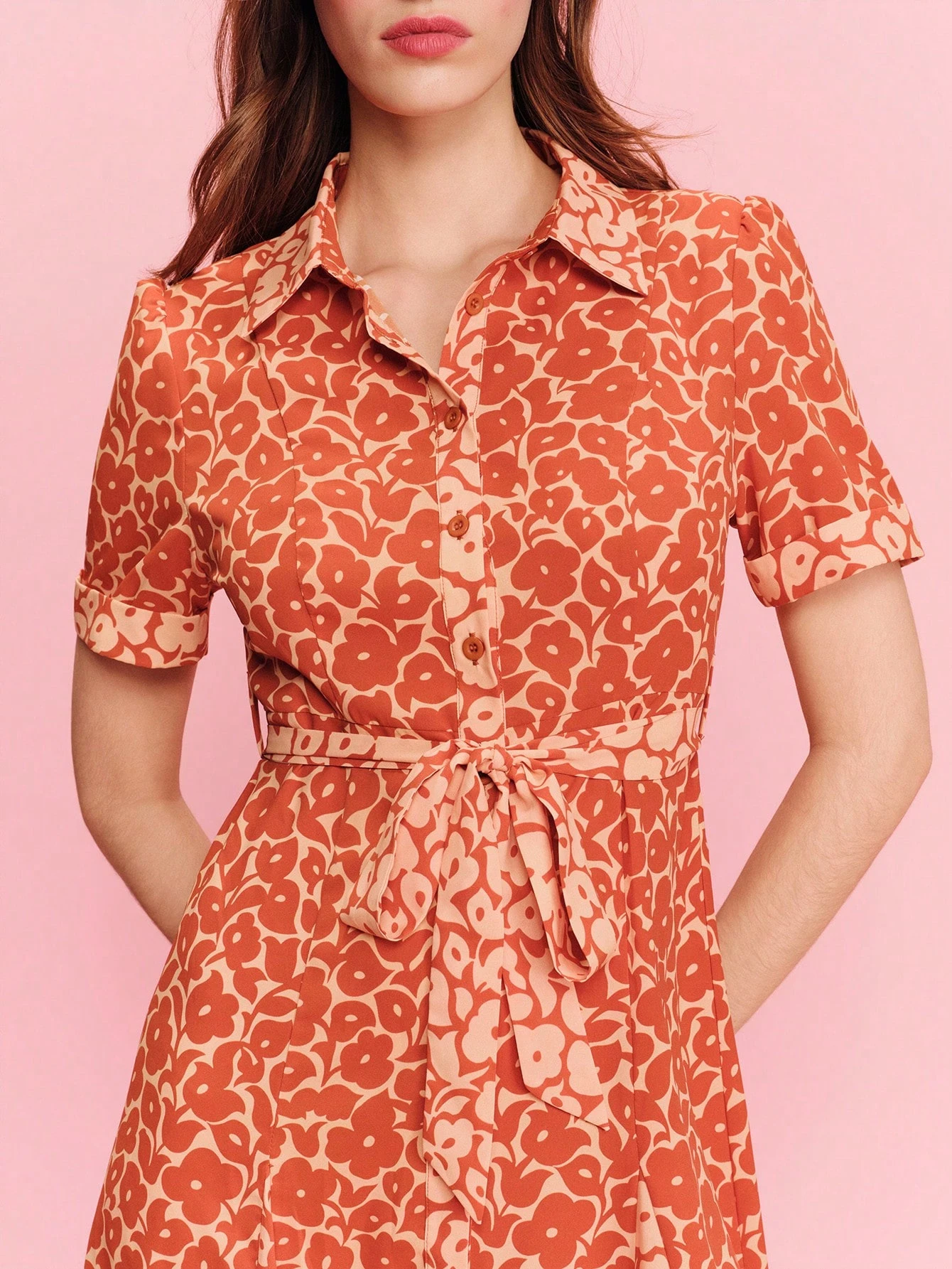 Camel Maxi Shirt Dress With White Flowers And Short Sleeves Office Dress Wedding Guest Dress Vacation Dress Floral Dress Spring Summer French Style Parisian Style Work Dress Festival Dress
