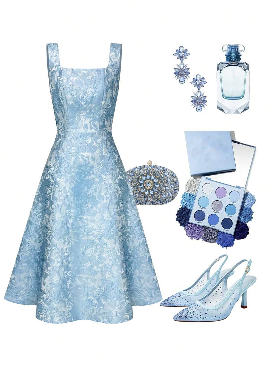 Ellevyn 蓝色3D立体花卉方领收腰连衣裙 - 藍色 - 查看 1