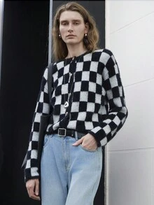 Uhlyne 2 件套女士复古风格圆领长袖针织格子撞色金属纽扣毛衣套装，春秋 - 黑與白 - 查看 8