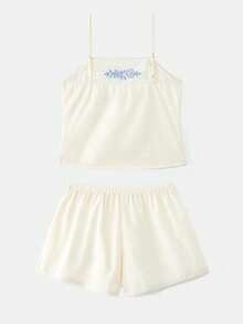 lacRébo Conjunto de pijama vintage de dos piezas en color crema con bordado floral celeste y adornos de encaje, en estilo lindo - Blanco - Ver 7