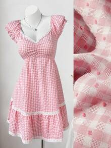 Sweetra Nouvelle robe d'été mode douce à carreaux roses, col en V, patchwork en dentelle, manches courtes - Rose bonbon - Voir 9