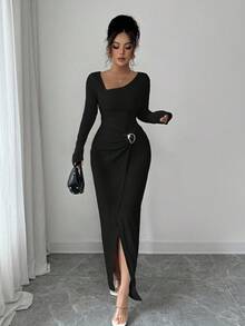 Elenzga Tall Women's Solid Color Asymmetric Collar Long Sleeve Split Hem Dress - Black - View 4