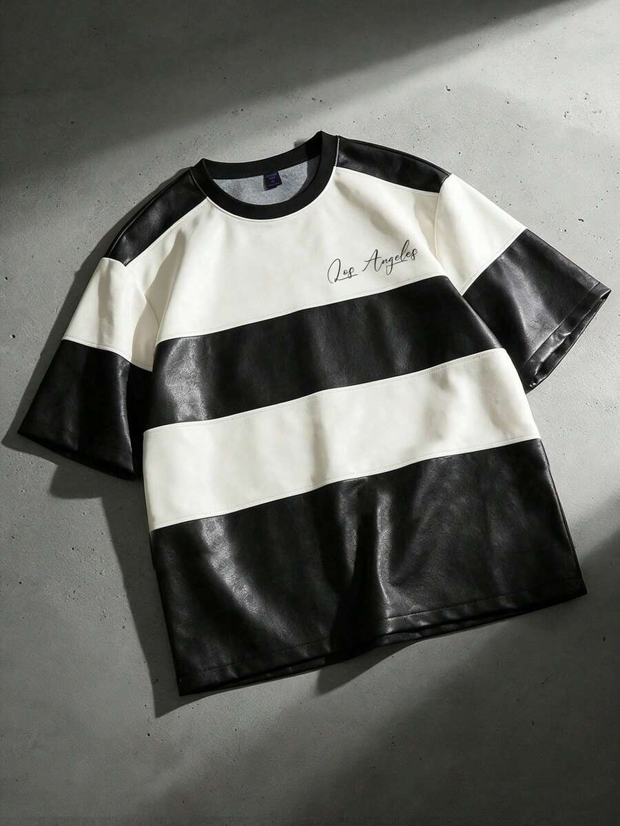 ROMWE MEN Camiseta de hombre de piel de imitación con rayas, primavera/verano - Blanco y Negro - Ver 1