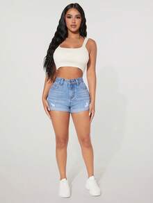 SHEIN PETITE Quần short denim nữ dáng suông, có túi và cúc, kiểu dáng thoải mái, phù hợp mặc hàng ngày. - Màu xanh bụi bặm - Xem 4