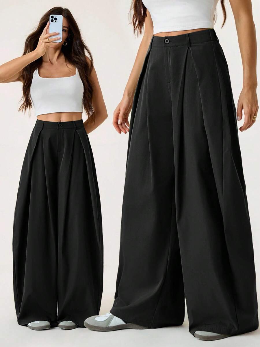 SHEIN Tall 女士夏季复古休闲嬉皮街头风宽松军绿色裤子 - 黑色 - 查看 1