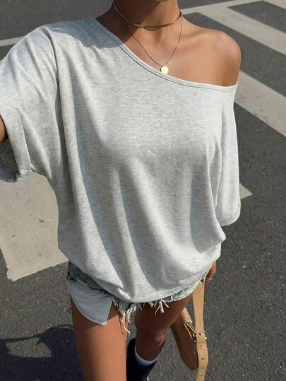 Muchica 浅灰色针织宽松短袖T恤，女士夏季款