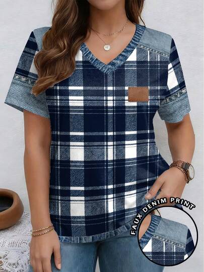 EMERY ROSE 印花拼接条纹图案V领短袖休闲加大码T恤，春夏款