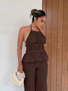 Maria Perezxox Setelan Dua Potong Gaya Prancis: Atasan Tank Top Model Halter dengan Pinggang Ramping dan Celana Panjang Longgar untuk Wanita - Coklat - View 5