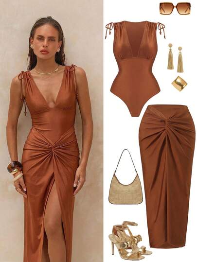Swim Oasis Summer Women One-Piece Swimsuit, Solid Orange Color, Shiny Fabric, Drawstring Ruched Beaded Decor, Romper Swimwear & Beach Skirt, Elegant Beach Outfit Vacation Dinner Outfits For Women Women Vacation Outfit Sets