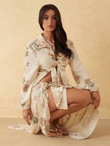 Silquee 女士新款提花编织性感系带半身裙罩衫，春夏款 - 杏色 - 查看 8