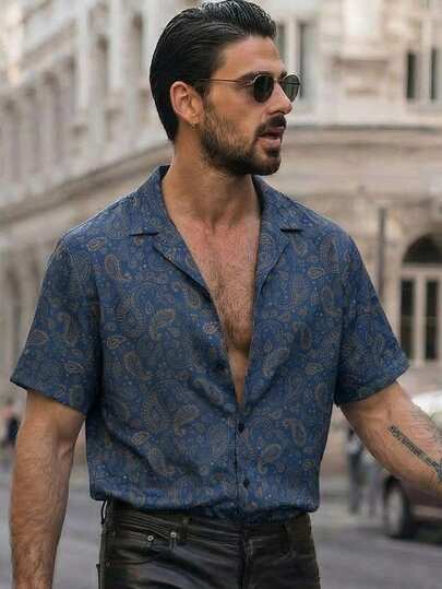 GENTILAND Regular Hem Men's Blue Woven Fabric Short Sleeve Shirt Collar Avant-Garde Paisley Print