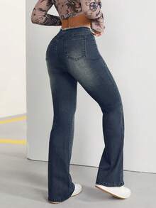 SHEIN ICON Women's Casual Flared Jeans With Frayed Hem - Dark Wash - View 6