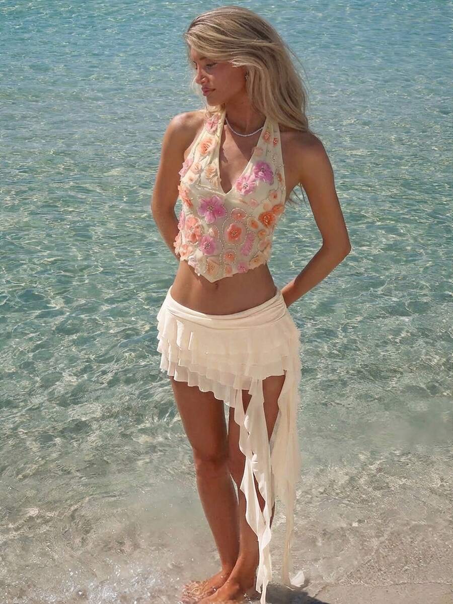 Sydney Algeri Solid Color Asymmetric Ruffle Hem Sweet A-Line Skirt, Elegant Romantic Beach Holiday Skirt, Summer Skirt,Valentine's Day,Valentine Outfits For Women - Apricot - View 1