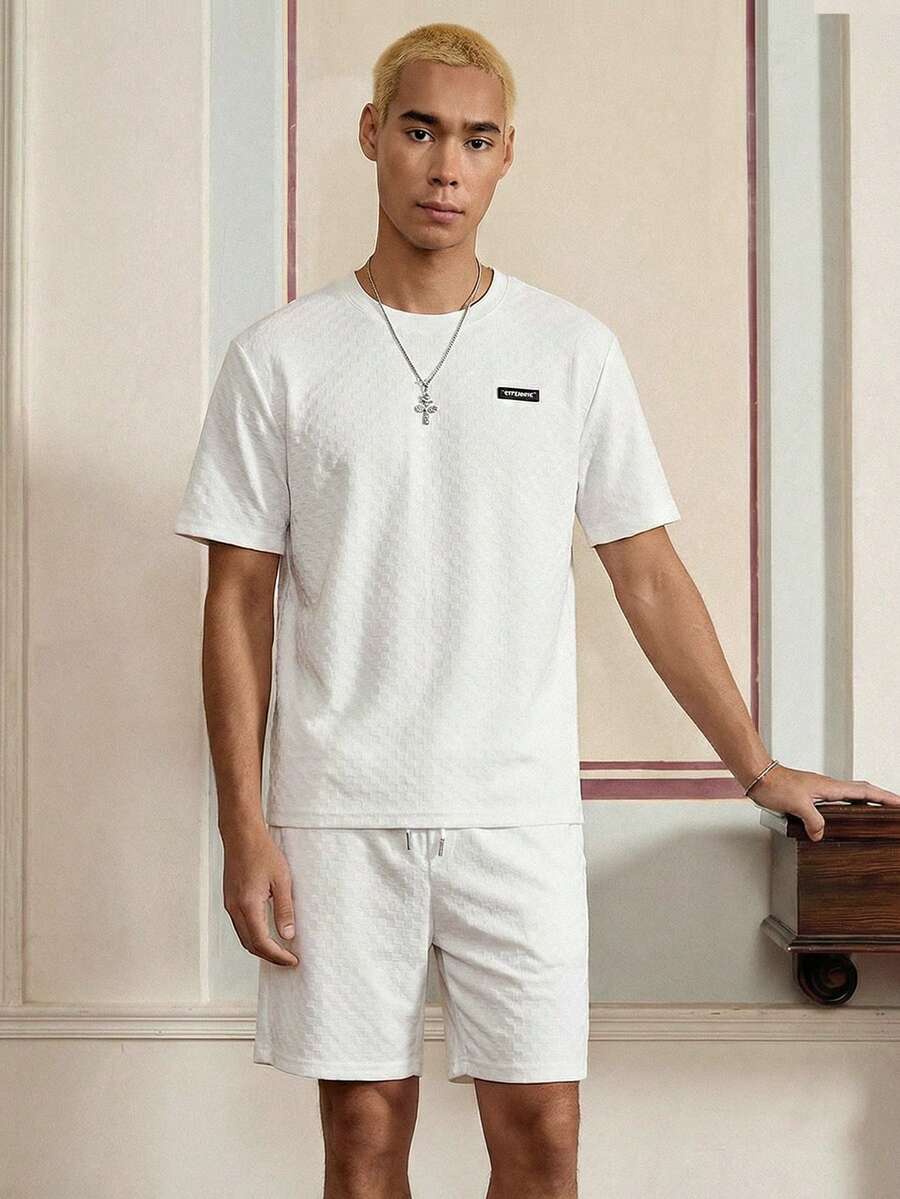 SWAVVY Conjunto de camiseta y pantalones cortos casuales con textura para hombre, versátil para el verano - Blanco - Ver 1