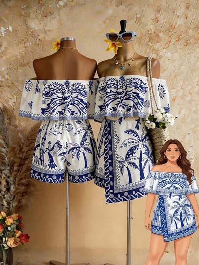 Soleia Bộ áo liền quần nữ cỡ lớn hở vai in họa tiết retro, có thắt eo, kiểu dáng nghỉ mát, mùa hè, mùa xuân, lễ hội, tiệc tùng, bãi biển, đám cưới, lễ tốt nghiệp. Trang phục Hawaii dành cho nữ, họa tiết nhiệt đới mùa hè, mùa hè, mùa xuân, lễ hội, tiệc tùng, bãi biển, đám cưới, lễ tốt nghiệp.