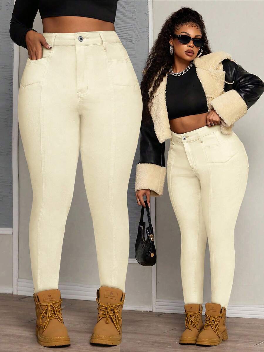 Slaydiva Plus Size Elastic Denim Jeans With Symmetrical Paneling Design - Apricot - View 1
