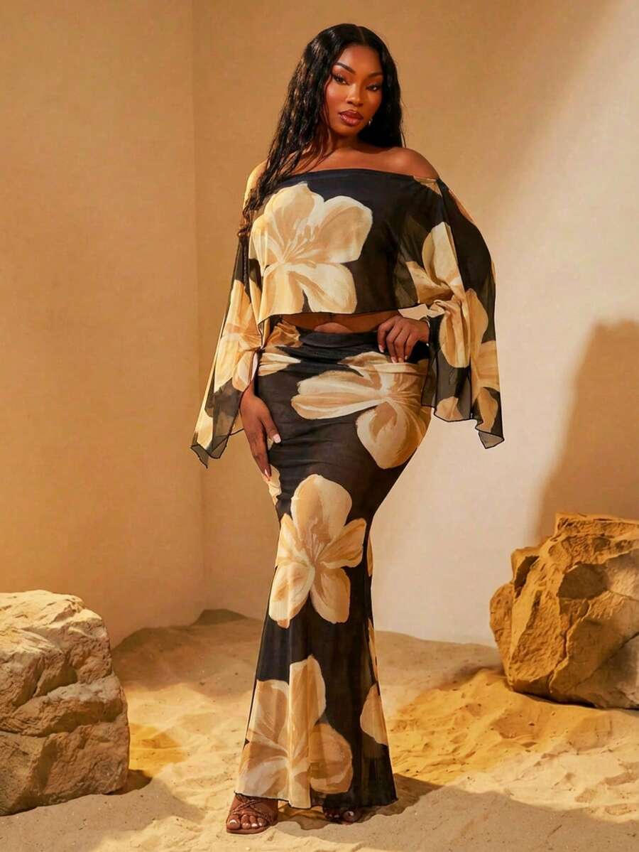 SHEIN SXY Plus Size Sexy Two-Piece Set Featuring A Black, Large Floral Print, High-Elastic Knit Mesh Off-Shoulder Long-Sleeved Top And A High-Waist, Extra-Long Fishtail Skirt.Spring/Summer Casual Vacation Bohemian Elegant Suitable For Everyday Wear, Music Festival, Concert, Carnival Party, Beach Vacation, Date Night, Birthday, Bachelorette Party, Club, Cute, Casual, Shopping, Street Wear, Going Out, Easy To Match & Looks Slim, Accent Your Body, Flatter The Figure - Multicolor - View 1