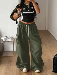 Coolane Damen Plus Sommer Streetwear Sport Basic Klapptasche Seitliche Kordelzug Taille Fallschirm Graue Cargohose - Armeegrün - Übersicht 5
