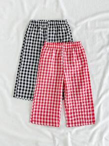 SHEIN Vintaside Kids 幼儿女童两件装格子阔腿裤，经典格子休闲裤，适合1-3岁女童，松紧腰带设计，适合日常穿着、玩耍和户外活动，可爱时尚轻便，是女童春夏衣橱必备单品。 - 彩色 - 查看 4
