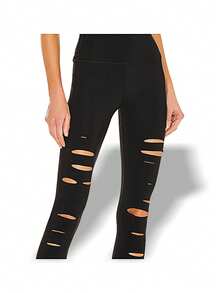 Alo Yoga Leggings HIGH WAIST RIPPED WARRIOR Sweat Absorption Breathable Lightweight Solid Good Elasticity Easy To Wash Gym Outdoor Women Black W5555R - BLACK - 黑色 - 查看 3