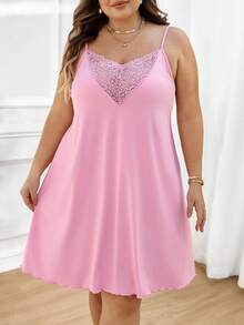 SHEIN CURVE+ Curve Size US22 音樂節海邊度假波希米亞風女款對比蕾絲優雅背心洋裝，性感細肩帶對比蕾絲洋裝 - 粉色 - 查看 5