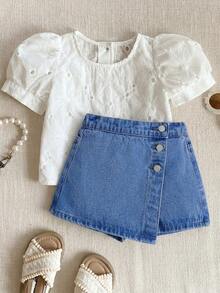 SHEIN Váy denim dễ thương cho bé gái, mềm mại và thoải mái, đã giặt - Rửa trung bình - Xem 6