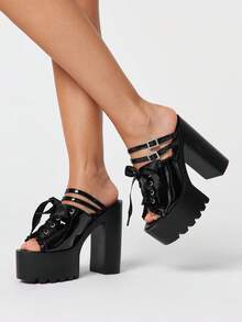 ROMWE Giày nữ gợi cảm, sandal cao gót hở mũi ren, phong cách Punk Gothic thanh lịch, khóa pha lê bóng bẩy, dây đai đôi, kiểu dáng slip-on, đế dày, thích hợp cho mùa xuân hè, tiệc tùng, lễ hội. - màu đen - Xem 1