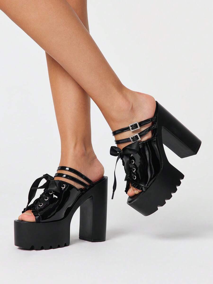 ROMWE Giày nữ gợi cảm, sandal cao gót hở mũi ren, phong cách Punk Gothic thanh lịch, khóa pha lê bóng bẩy, dây đai đôi, kiểu dáng slip-on, đế dày, thích hợp cho mùa xuân hè, tiệc tùng, lễ hội. - màu đen - Xem 1