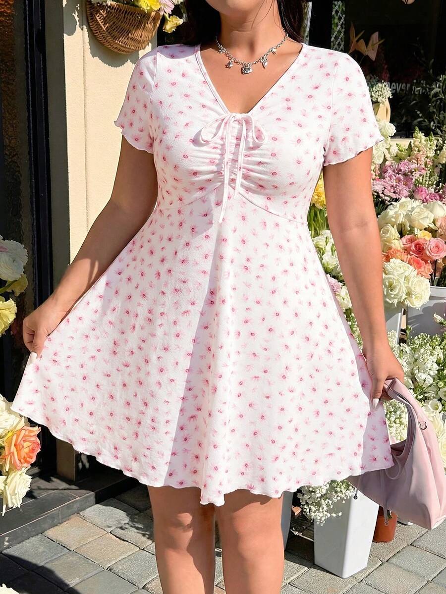 GalTyme Plus Size Women All-Over Print Twist Ruched Fashion Date Party Dress - White - View 1