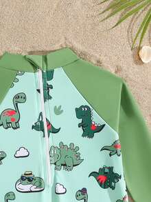 幼儿男童卡通恐龙印花长袖连体泳衣，带帽子，适合海滩、度假、游泳 - 彩色 - 查看 4