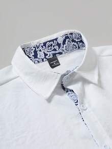 Manfinity Homme Men's White And Blue Floral Patchwork Short Sleeve Shirt,Summer Casual Vacation Holiday Beach Outfit,Vintage Botanical Print Graphic Top For Men - White - View 3