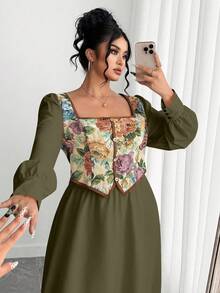 Elenzga Plus Size Women's Vintage French Style Color Block Long Sleeve 2 In 1 Dress, Suitable For Graduation, Holidays, Valentine's Day, Christmas, Music Festivals, Mother's Day, Halloween, Thanksgiving, Easter, National Day, Dances, Dates, Parties, Weddings, Outings - Army Green - View 3