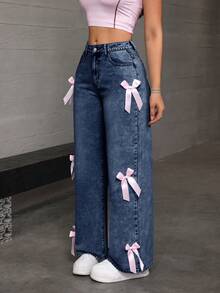SHEIN EZwear Women's Bow Decor Raglan Wide Leg Casual Cute Jeans Back-To-School School Navy Blue Summer - Blue - View 1
