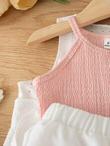 SHEIN 3pcs/Set Baby Girls' Summer New Knitted Texture Camisole Top, Hollow-Out Long Vest With Belt, Casual Loose White Short Top, Versatile Outfit For Vacation, Leisure & Sports - Pink - View 5
