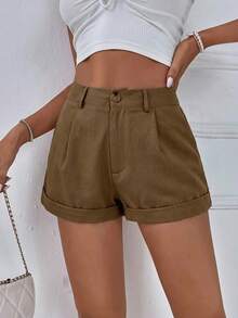SHEIN Holidaya 女士纯色褶皱休闲百搭日常短裤 - 棕色 - 查看 3
