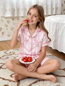 女童蝴蝶结经典条纹仿丝开衫和条纹撞色滚边短裤套装，家居服 - 彩色 - 查看 5