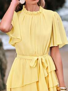 Amorya Women's Elegant Yellow Summer Chiffon A-Line Tiered Dress,Short Sleeve Flowy Tea Party Dress,Bohemian Beach Vacation Wedding Guest Holiday Outfits - Light Yellow - View 11