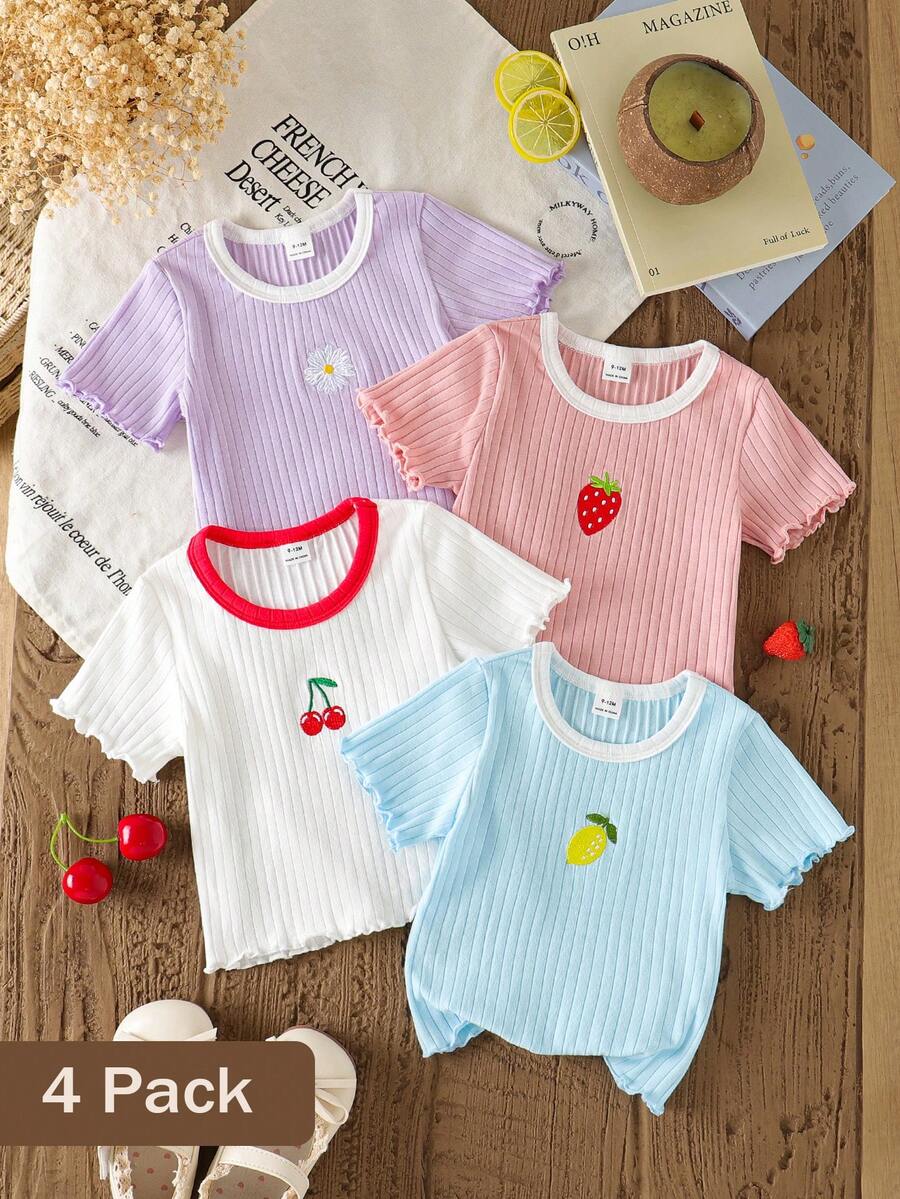 SHEIN Vintaside Kids 4pcs Baby Girl Casual Versatile Cute Embroidered Short Sleeve Tops - Multicolor - View 1