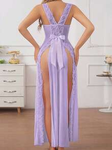 Snug Zone Bộ đồ ngủ gợi cảm 2 mảnh, viền ren, lưới, hở lưng, thắt nơ, kèm quần lọt khe. - Màu tím - Xem 1